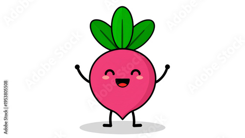 Cute cartoon radish vegetable character with happy winking face and hands up isolated on white background for healthy food design and kids nutrition.