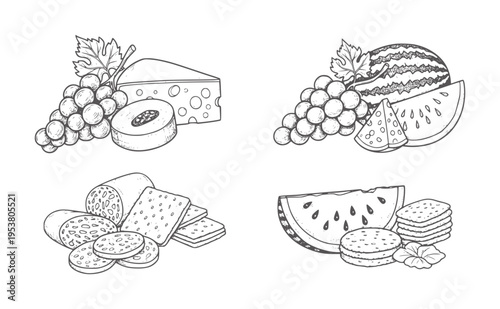 Black and white line of grapes cheese watermelon and crackers