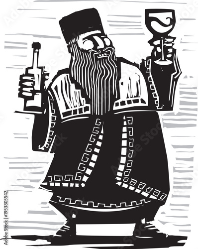 Woodcut style image of a Russian Czar with wine