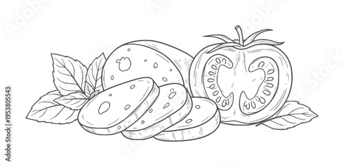 Black and white line of sliced cucumber and halved tomato with leaves