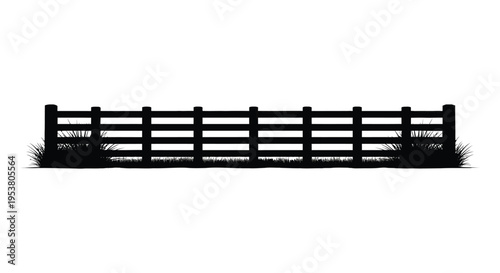 Black vector illustration of a traditional wooden fence and grass 