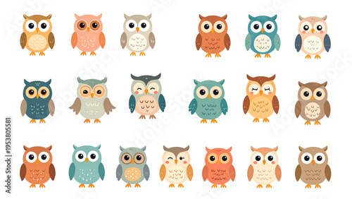 Cute cartoon owl character set with various colorful birds in different poses and expressions for nursery decor, educational stickers, and wildlife vector design elements