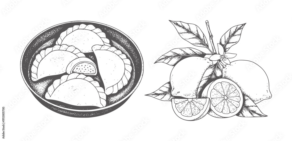 Obraz premium Black and white of baked empanadas and whole sliced lemons with leaves pastry