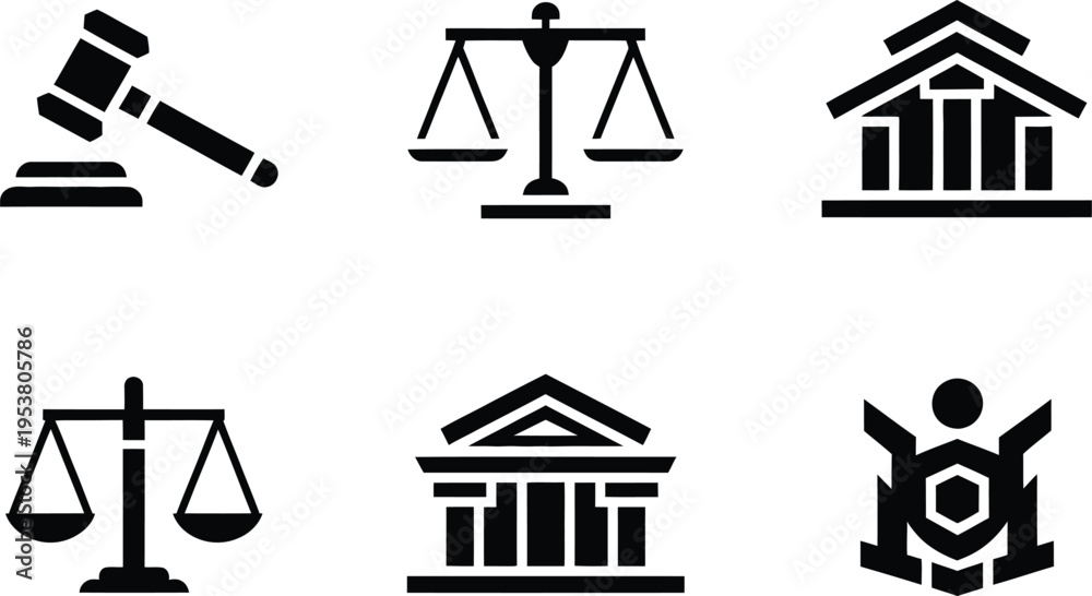 Fototapeta premium Legal Icons Set: Judge's Gavel, Scales of Justice, and Courthouse Building, Plus a Figure Shielded. Vector Graphics for Law, Justice, Courtroom, and Legal Representation Concepts