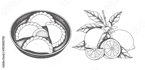 Black and white of baked empanadas and whole sliced lemons with leaves pastry