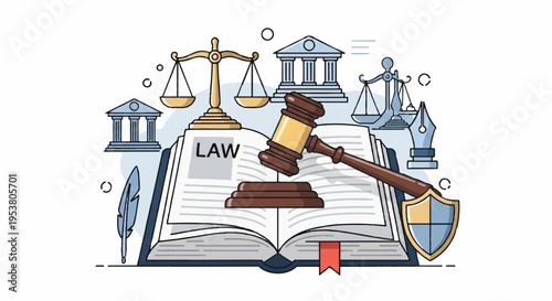 Law book with gavel and scales of justice on a desk in a lawyer's office environment