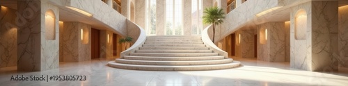 Grand staircase, marble lobby, minimalist design, business, entrance, corporate