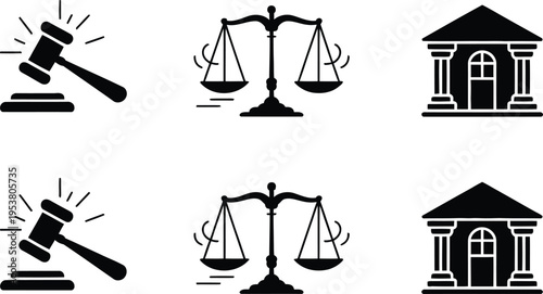 Set of Icons Representing Justice and Law: Gavel, Scales of Justice, Courthouse Building. Black and White Vector Graphics for Legal Concepts, Arbitration, and Government