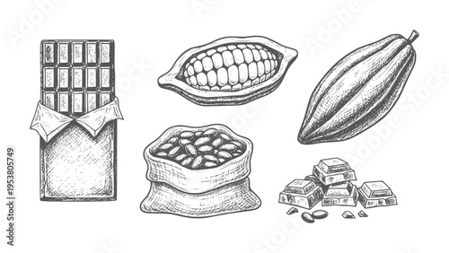 Black and white of chocolate bar cocoa pods and beans chunks