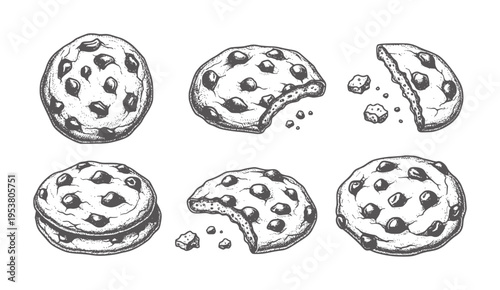 Black and white of chocolate chip cookies in various stages