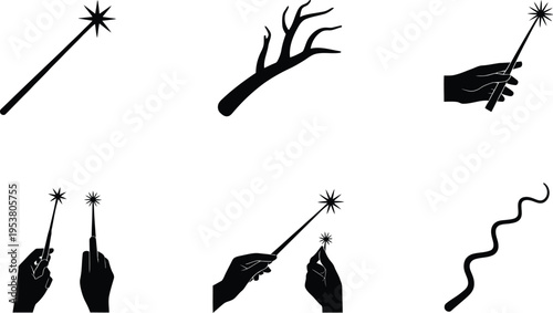 Magic Wand and Spell Icons: Star-Tipped Wands, Twisting Lines, and Hands Casting Magic. Black and White Vector Graphics for Fantasy, Sorcery, Enchantment, and Wizardry Concepts