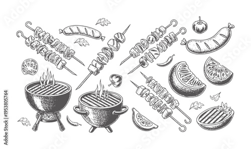 Black and white of grilled skewers sausages and citrus barbecue grills grilling kebabs