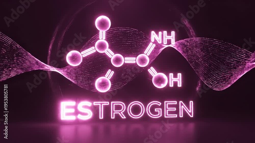 Glowing Neon Chemical Structure of Estrogen Molecule with Abstract Light Waves