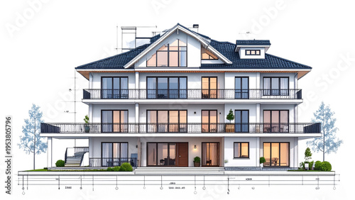 Detailed architectural elevation drawing of modern three‑story residential house with balconies, pitched roof, garage, landscaping, and precise measurements