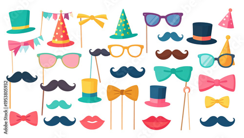 Playful cartoon costume props including hats, glasses, mustaches, bow ties, and cane, colorful vector illustration for parties and celebrations