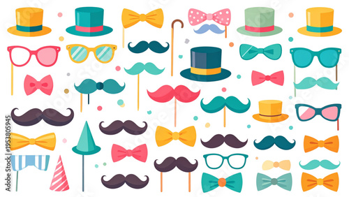Playful cartoon costume props including hats, glasses, mustaches, bow ties, and cane, colorful vector illustration for parties and celebrations
