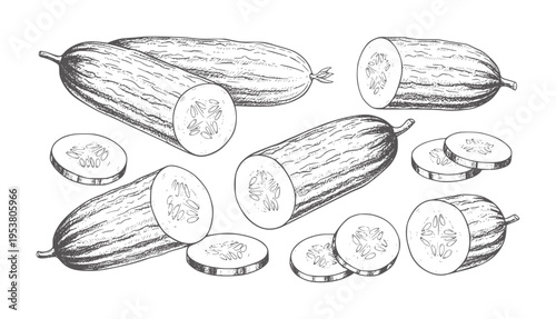 Black and white of whole and sliced cucumbers