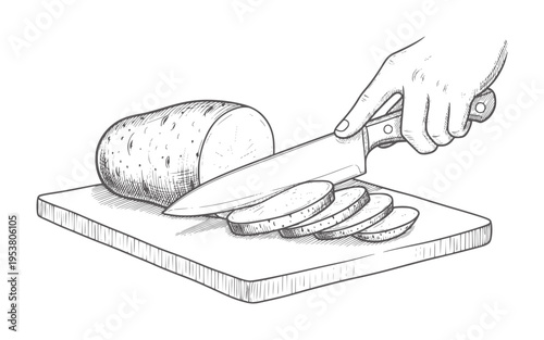 Hand slicing a cylindrical food log a wooden cutting board with a knife