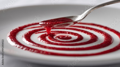 Close-up of spoon with red berry coulis forming concentric spirals on white plate, evoking upscale dessert plating and gourmet presentation