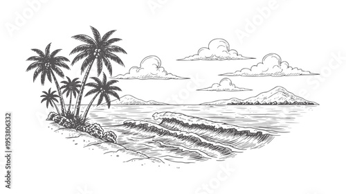 Tropical beach scene with palm trees waves and distant mountains black and white
