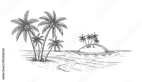 Tropical island with palm trees and sandy beach in monochrome line