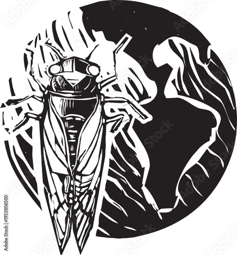 Woodcut expressionist style giant  cicada on the earth