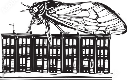 Quadro em tela Woodcut expressionist style giant cicada on row houses