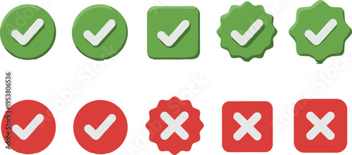 Set of checkmark and cross icons in green and red colors approval and rejection symbols flat vector illustration collection