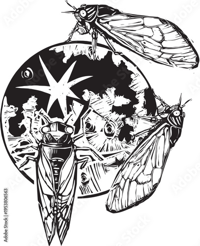 Woodcut expressionist style  cicadas infesting the moon