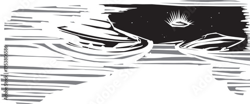 Woodcut expressionist style retro UFOs