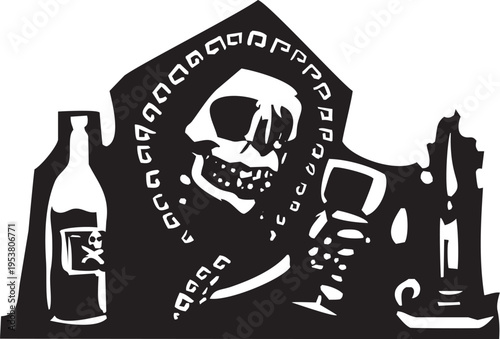 Woodcut style expressionist image of hooded cloaked death drinking wine