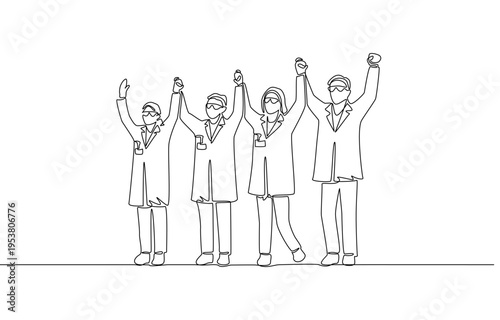 Continuous one line of 4 researchers raising their hands together in celebration, unity and triumph of scientific teamwork concept, single line art
