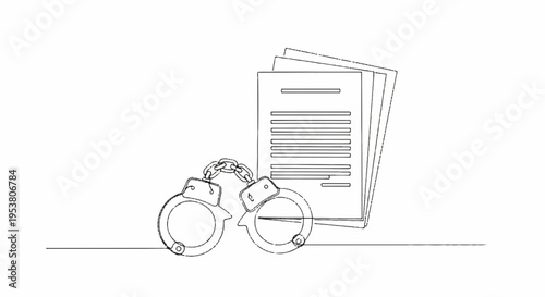 Handcuffs and legal documents on a table symbolizing law enforcement and justice procedures