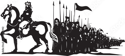 Woodcut style expressionist image of a king and his army on the march