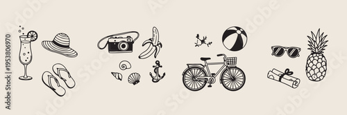 Travel and hobby doodle set, hand drawn bicycle and camera icons, adventure vacation sketches collection for design, minimalist travel elements for branding, holiday activity line art graphics, summer