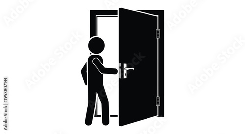 Simple vector illustration of a stick figure person opening a dark door.