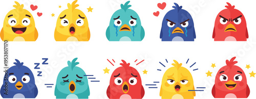 Set of Cute Cartoon Birds Expressing Different Emotions Including Happiness, Sadness, Anger, Sleepiness, and Love