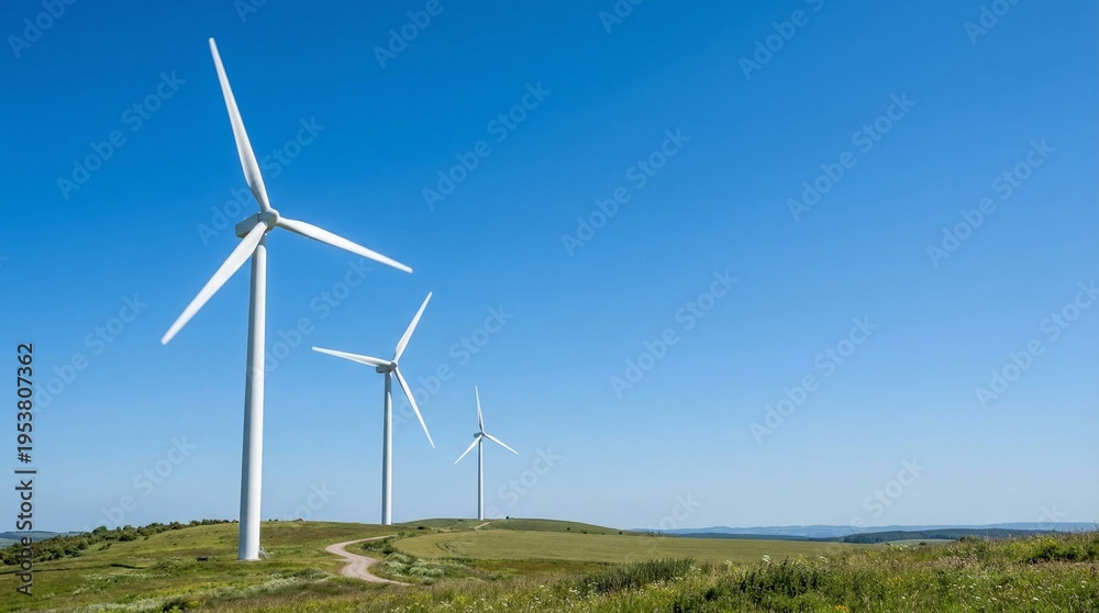 Fototapeta premium Modern Wind Turbines On Clear Blue Sky Background