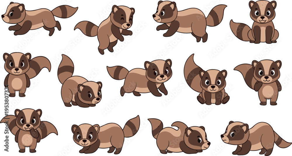 Fototapeta premium Cute Cartoon Beaver Characters Set with Different Poses and Expressions, Adorable Woodland Animal Mascots for Kids Design, Stickers, and Playful Vector Illustration