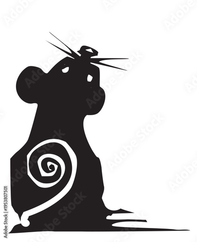 Woodcut expressionist style Mouse looking up