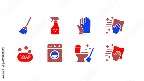 Flat icons representing cleaning tools, sanitation supplies, and hygiene products.