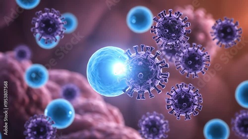 Microscopic battle for health A conceptual illustration of an immune cell confronting viral pathogens, symbolizing biological defense and the body's protective mechanisms