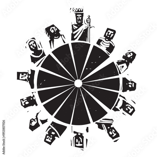 Woodcut expressionist style image of king Arthur with  Camelot's Round Table