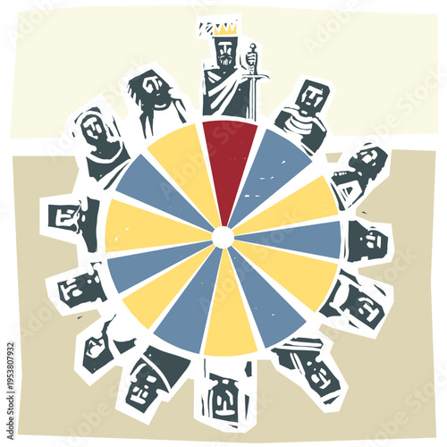 Woodcut expressionist style image of king Arthur with  Camelot's Round Table