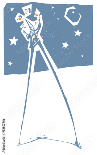 Woodcut style expressionist image of a circus Juggler on Stilts