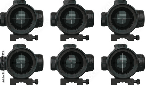 Set of rifle scope optics with crosshair reticle isolated on white background realistic vector illustration tactical aiming equipment