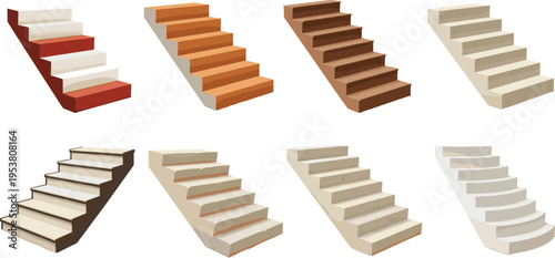 Set of staircase designs with different steps and materials isolated on white background architectural elements flat vector illustration collection