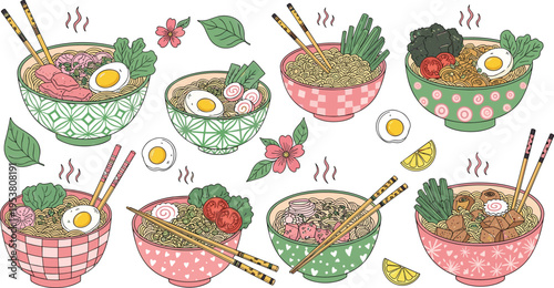 Set of ramen noodle bowls with eggs vegetables meat and chopsticks colorful hand drawn style vector illustration Asian cuisine collection