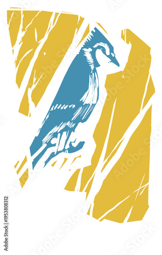 Woodcut Blue-jay in yellow leaved autumn woods