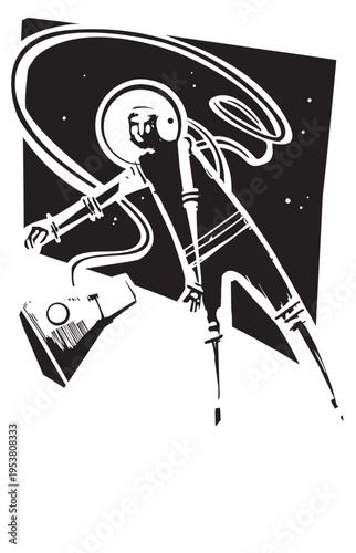 Woodcut mid century retro style astronaut in orbit with space capsule